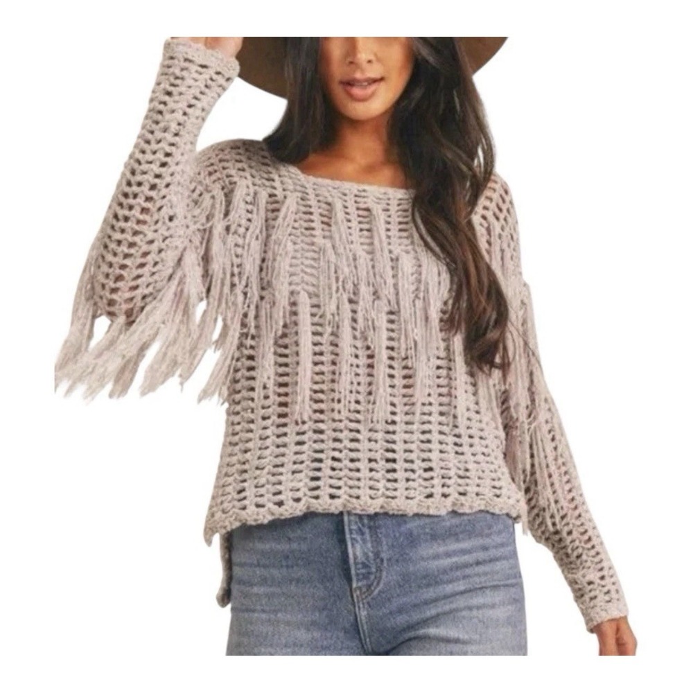 Sage The Label Women's Boho Fringe Open Knit Sweater Hi Low Hem Beige Sz X Small